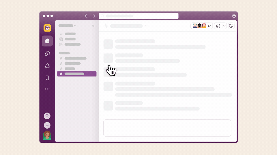 GIF mit einem Mauszeiger, der auf das Menü in der Seitenleiste klickt und dann nach einem Channel in Slack sucht