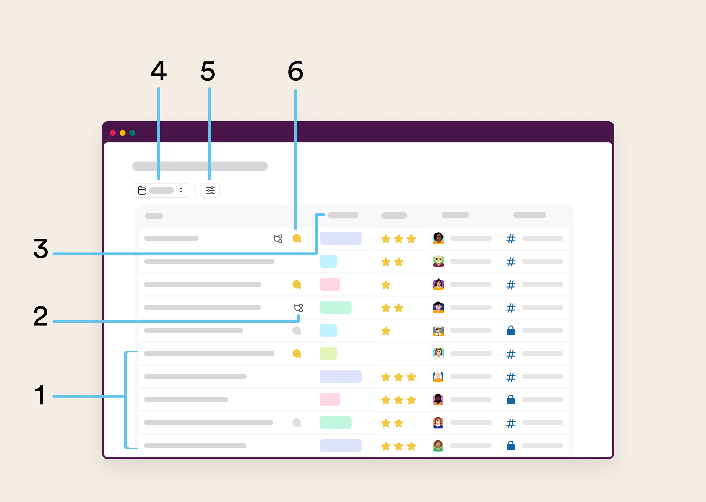 Diagramm einer Slack-Liste, das zeigt, wo Listenelemente, Unteraufgaben, Felder, Ansichten, Filter und Kommentar-Threads zu finden sind