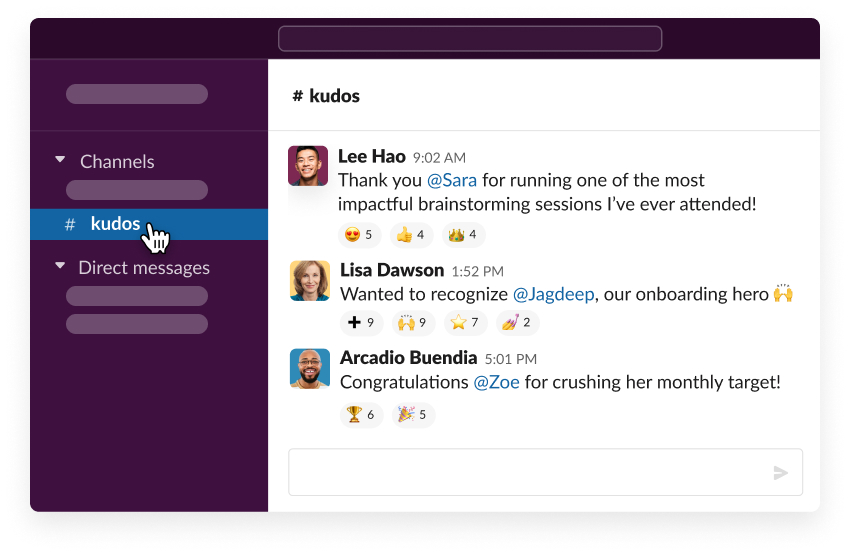 Team-Mitglieder, die sich gegenseitig in einem Slack-Channel loben und anerkennen